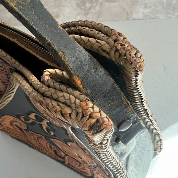 Vintage Handbag Handmade Black & Brown Leather Hand Tooled Floral - Picture 6 of 16